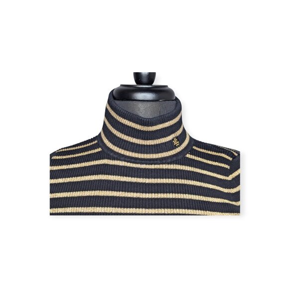 Lauren Ralph Lauren Black & Gold Tone Striped Ribbed Turtleneck Top Size Medium - Picture 2 of 12